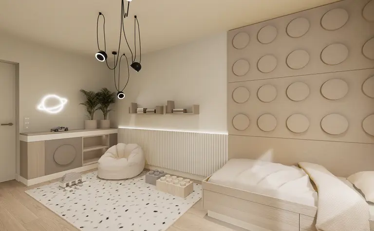 Pokój dziecięcy w stylu minimalistycznym z jasnymi meblami i nowoczesnym oświetleniem.