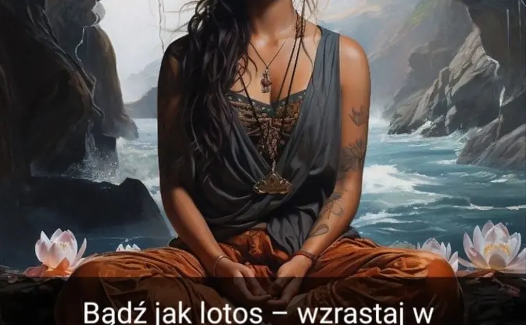 Kobieta medytująca w otoczeniu lotosów i natury, art deco, eklektyczny, glamour, industrialny, nowoczesny, soft minimalizm, vintage, współczesny