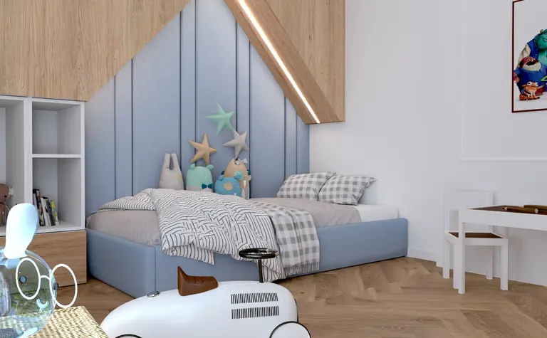 Pokój dziecięcy z niebieskimi detalami, minimalistyczny wystrój, nowoczesne meble.
