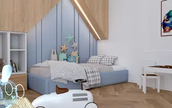 Pokój dziecięcy z niebieskimi detalami, minimalistyczny wystrój, nowoczesne meble.