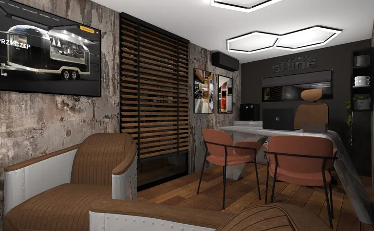 Wnętrze gabinetu w stylu dopamine decor, industrialnym, japandi z drewnianymi elementami.