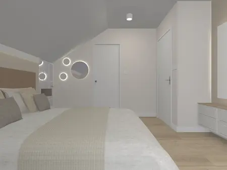 Wnętrze sypialni w minimalistycznym stylu z nowoczesnym oświetleniem