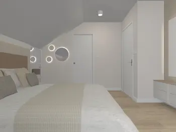 Wnętrze sypialni w minimalistycznym stylu z nowoczesnym oświetleniem