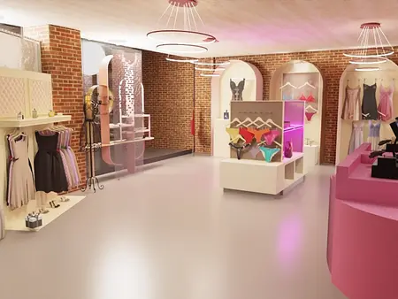 Wnętrze sklepu z bielizną, nowoczesny design, quiet luxury, różowe akcenty.