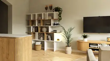 Wnętrze salonu w stylu boho, japandi, minimalistycznym z roślinami
