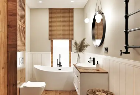 Wnętrze łazienki z wanną, drewnianymi detalami i roślinnością. Styl boho, rustykalny, skandynawski.