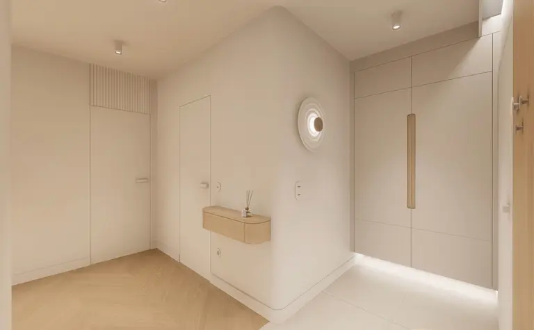 Nowoczesny przedpokój w stylu japandi, minimalistycznym, quiet luxury.