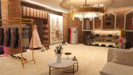 Wnętrze butiku z sukienkami na wieszakach, nowoczesnym oświetleniem i eleganckimi detalami.