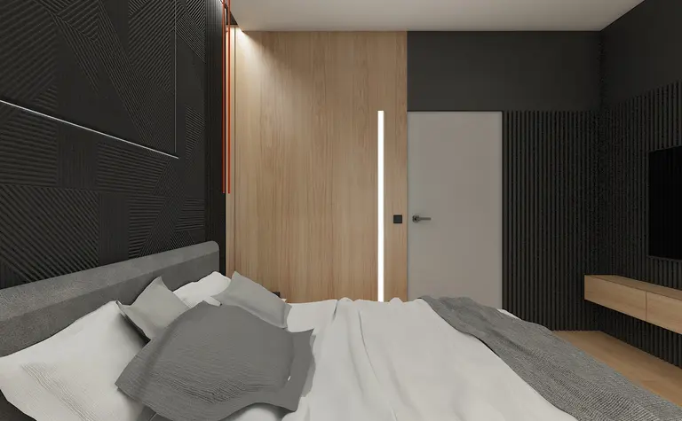 Wnętrze sypialni w minimalistycznym stylu z szarymi akcentami, drewnianymi meblami i nowoczesnym oświetleniem.