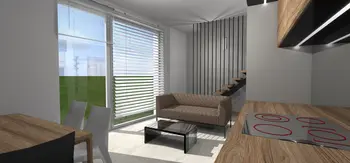 Wnętrze z brązową kanapą i drewnianym stołem, styl dopaminowy, industrialny, japandi, minimalistyczny, minimaluxe, nowoczesny, skandynawski, współczesny.
