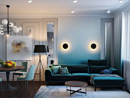 Wnętrze salonu glamour z nowoczesnym niebieskim wystrojem