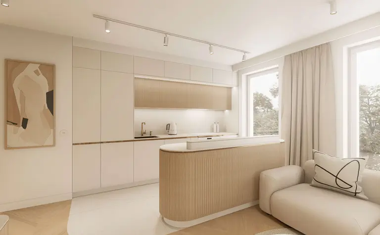 Kuchnia w stylu japandi z minimalistycznym wykończeniem i nowoczesnymi detalami.