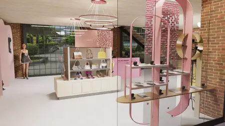 Wnętrze sklepu z różowymi detalami i torebkami, styl nowoczesny, quiet luxury.