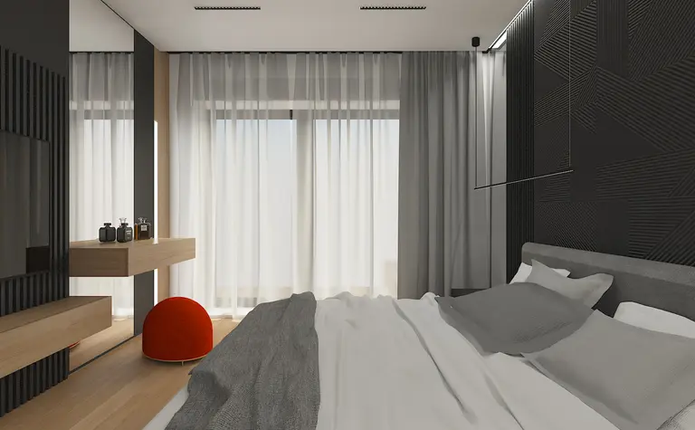 Sypialnia w stylu minimalistycznym z szarymi zasłonami, drewnianymi meblami i nowoczesnymi detalami.