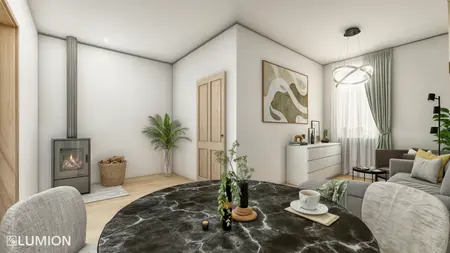 Nowoczesne wnętrze w stylu boho i współczesnym z kominkiem, roślinami i eleganckim stołem.