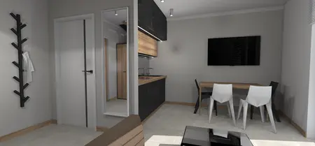 Wnętrze kuchni z drewnianymi meblami, industrialnymi i minimalistycznymi akcentami.