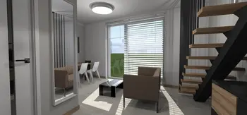 Wnętrze salonu z brązowymi meblami, stołem i schodami w stylu industrialnym, japandi i minimalistycznym.
