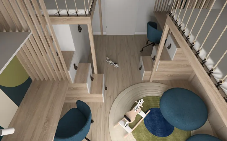 Pokój dziecięcy z drewnianymi meblami i zabawkami w stylu dopamine decor.