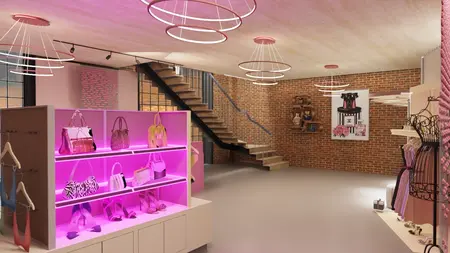 Wnętrze sklepu z różowymi akcentami i dodatkami, nowoczesny design, quiet luxury.