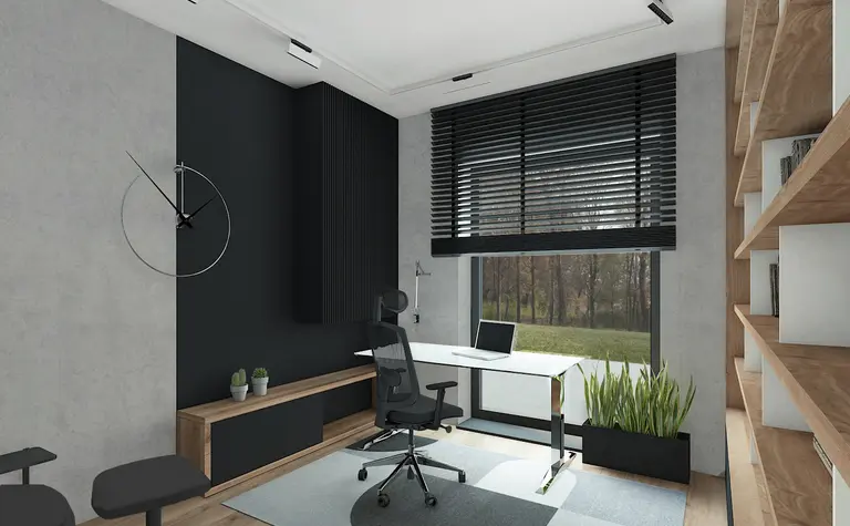 Wnętrze gabinetu z minimalistycznym biurkiem, roślinami i nowoczesnymi detalami.