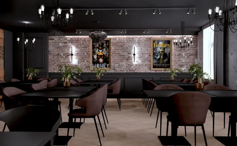 Wnętrze restauracji w stylu industrialnym z ciemnymi meblami, oświetleniem i dekoracjami.