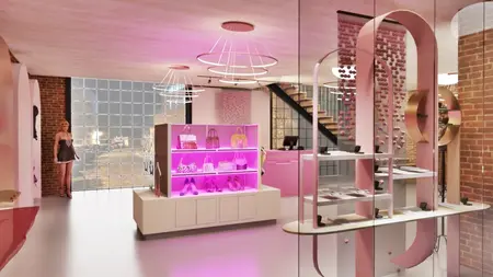 Wnętrze sklepu z różowymi akcentami, nowoczesny design, quiet luxury, półki z torebkami.