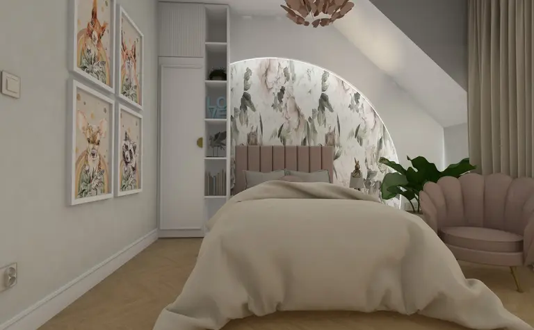 Wnętrze sypialni z różową kanapą i kwiatową tapetą w stylu glamour i nowoczesnym.