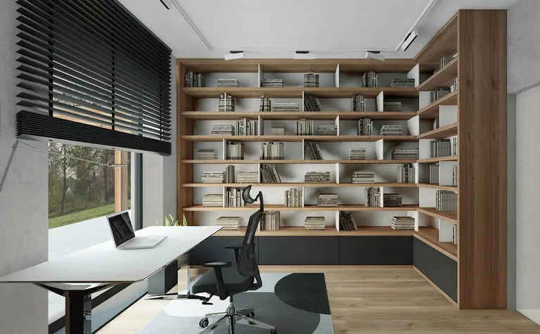Wnętrze gabinetu w stylu minimalistycznym z drewnianą biblioteczką i nowoczesnym biurkiem.