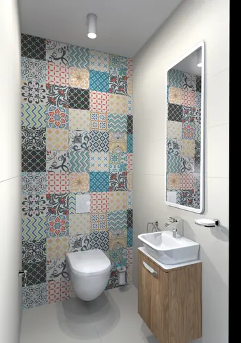 Toaleta z kolorowymi płytkami w stylu dopamine decor, industrialnym i skandynawskim.