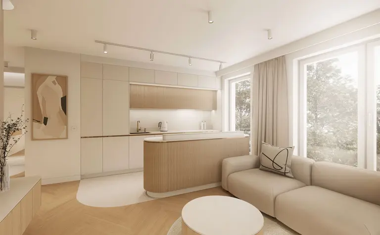 Wnętrze kuchni w stylu japandi, minimalistycznym, nowoczesnym i quiet luxury, z jasnymi kolorami.