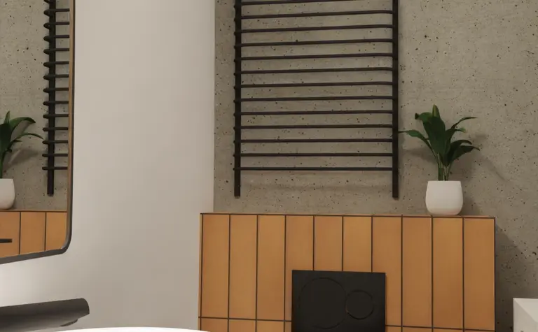 Nowoczesna łazienka z minimalistycznym designem, białą umywalką i drewnianymi detalami.