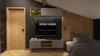 Nowoczesne wnętrze pokoju z drewnianą ścianą, telewizorem i roślinnością. Styl boho.
