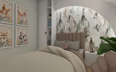 Sypialnia z różowymi meblami, kwiatową tapetą i dekoracjami w stylu glamour, nowoczesnym i współczesnym.
