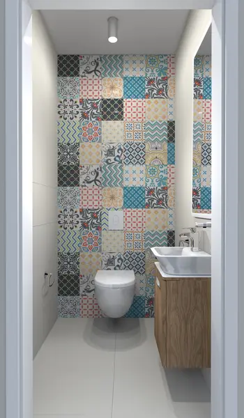 Toaleta z kolorowymi płytkami, drewnianą szafką, w stylach: dopamine decor, industrialny, japandi, minimalistyczny, minimaluxe, nowoczesny, skandynawski, współczesny.