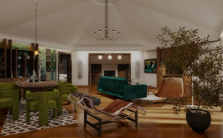 Wnętrze salonu w stylu art deco z zielonymi meblami i drewnianym stołem.