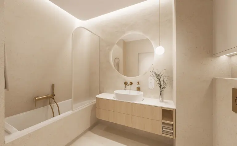 Nowoczesna łazienka w stylu japandi z minimalistycznymi detalami, quiet luxury.