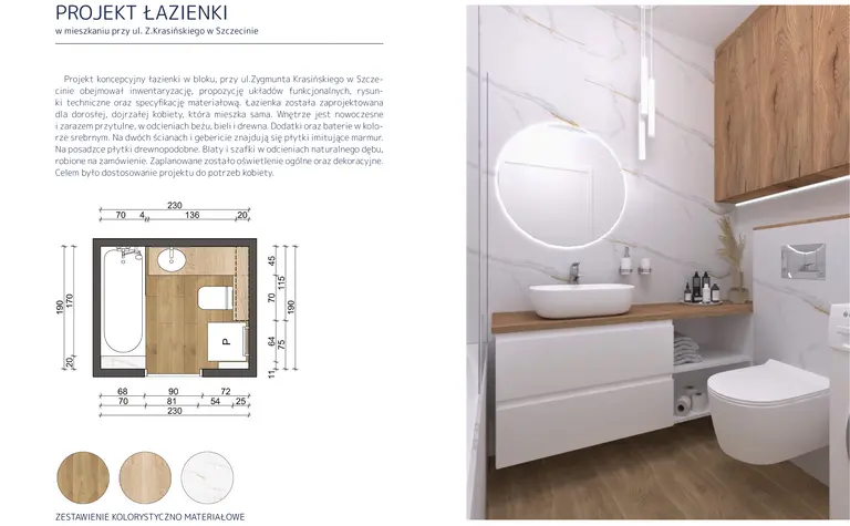 Nowoczesna łazienka z drewnianymi meblami i białymi akcentami, minimalistyczny i współczesny design.