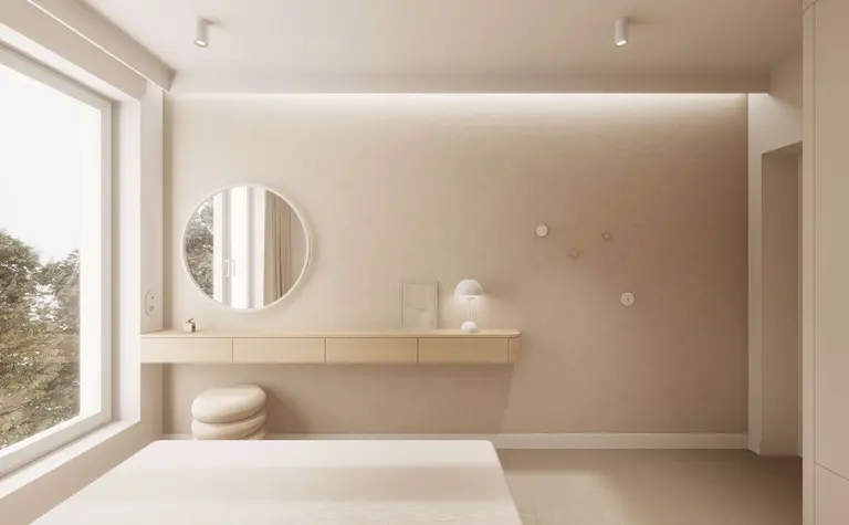 Wnętrze sypialni w stylu japandi i minimalistycznym z jasnymi meblami.