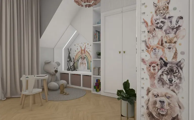 Pokój dla dzieci z dekoracjami zwierząt i tęczą, styl glamour i nowoczesny