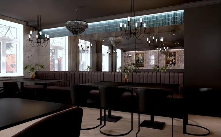 Wnętrze restauracji w stylu industrialnym z ciemnymi meblami i dużymi lustrami.