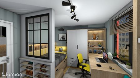 Wnętrze pokoju z biurkiem, łóżkiem oraz regałem na zabawki, nowoczesny design