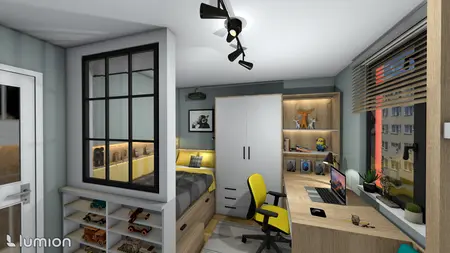 Wnętrze pokoju z biurkiem, łóżkiem oraz regałem na zabawki, nowoczesny design