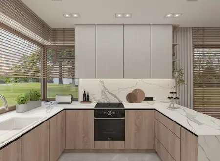 Kuchnia w stylu minimalistycznym i minimaluxe z drewnem i białymi detalami.