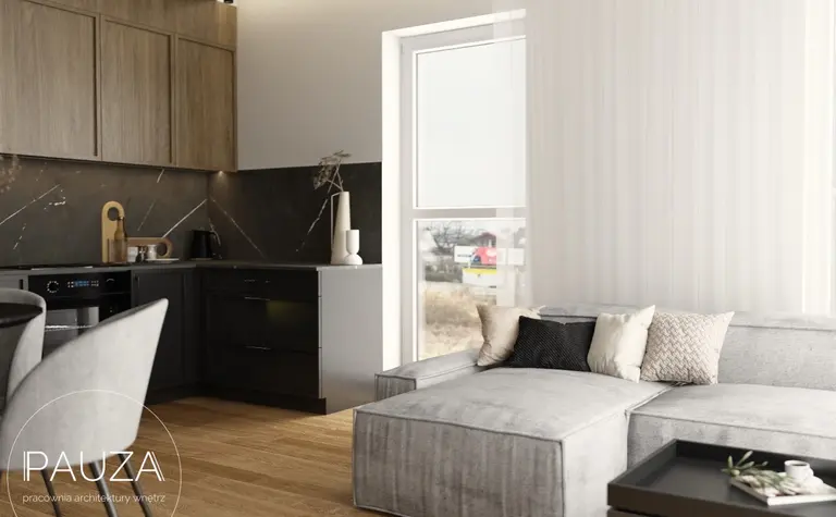 Wnętrze nowoczesnej kuchni z drewnianymi meblami i czarnymi detalami.