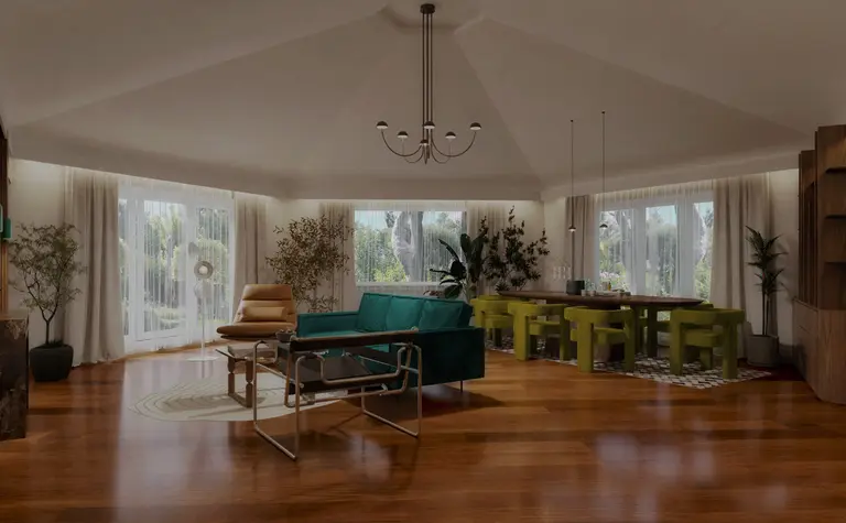 Wnętrze z zielonymi krzesłami, drewnianą podłogą i roślinami, styl art deco, quiet luxury, współczesny.