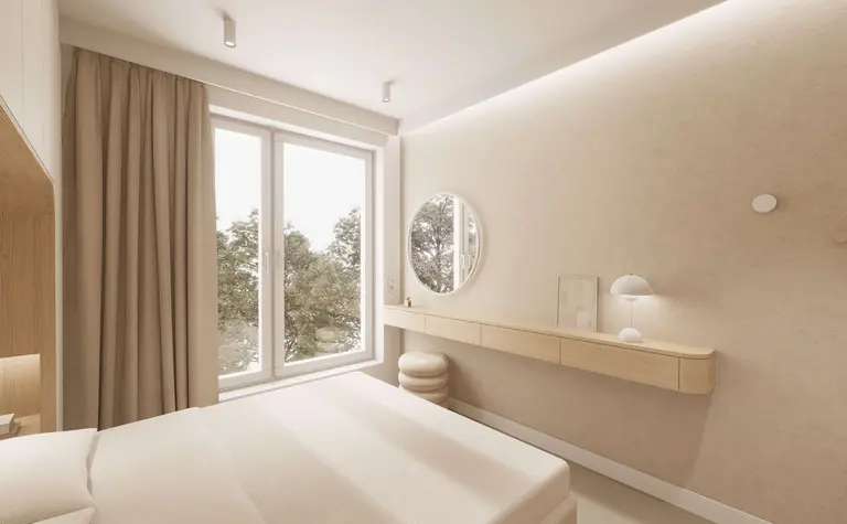 Wnętrze sypialni w stylu japandi z minimalizmem, nowoczesnymi meblami i quiet luxury.