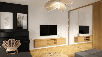 Wnętrze w stylu boho i nowoczesnym z drewnianym meblem i czarnym fortepianem.