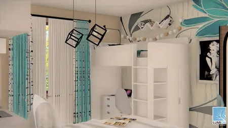 Pokój dziecięcy z białym meblem, niebieskimi zasłonami i dekoracjami w stylu industrialnym.