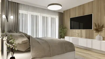 Wnętrze sypialni z szarym łóżkiem i drewnianą ścianą, nowoczesny design.