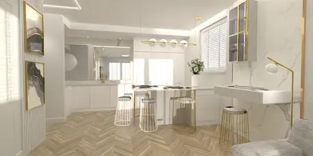 Wnętrze kuchni z białymi meblami, drewnianą podłogą, dekoracjami boho, glamour i japandi.